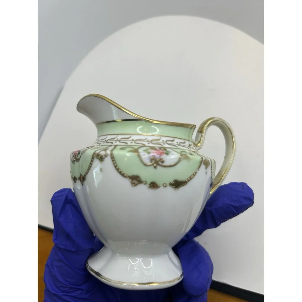 Cottagecore Hand Painted Porcelain Mini Creamer Floral Gold‎ Moriage Pink Green